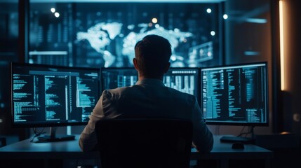 A programmer sits at a desk in a dimly lit room working on a computer, facing three monitors displaying code.
