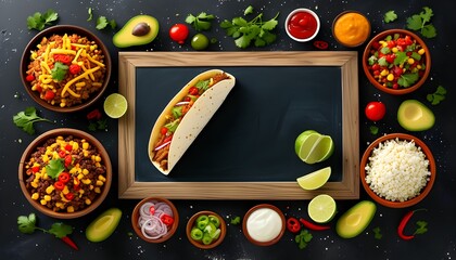 Wall Mural - Vibrant burrito served on black slate, showcasing traditional Mexican flavors, perfect for menu design and culinary promotions