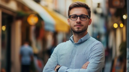 Young man with glasses stands confidently on a bustling street in a charming city during the late afternoon light