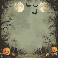 Spooky Halloween graveyard scene with pumpkins, bats, and full moons.