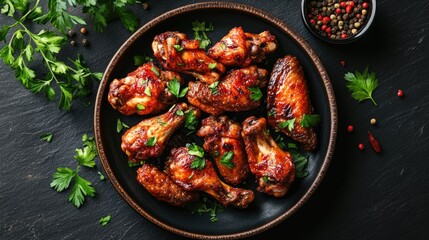 Flat lay of roasted chicken wings on a round plate over a dark stone surface, surrounded by spices and herbs. Ideal for showcasing delicious food preparation