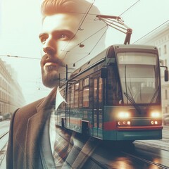 Wall Mural - Double Exposure Man Trolleybus Man's face overlaid with the trol