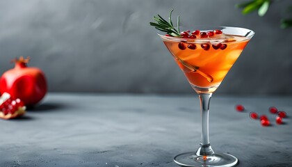 Refreshing pomegranate martini cocktail on a stylish gray background, perfect for summer vibes and promotional graphics