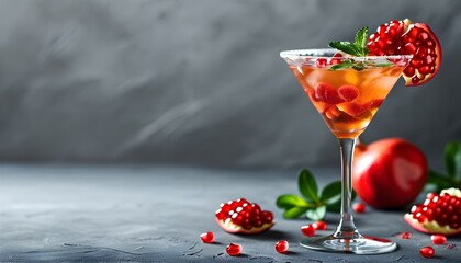 Refreshing pomegranate martini cocktail on a stylish gray background, perfect for summer vibes and promotional graphics