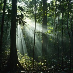 Wall Mural - Sunbeams filtering through dense forest foliage create a mystical and ethereal atmosphere.