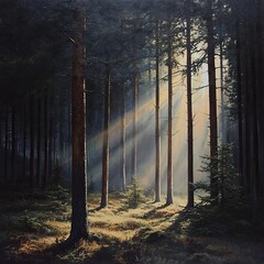 Canvas Print - Sunbeams illuminate a dense forest, casting long shadows through the trees.