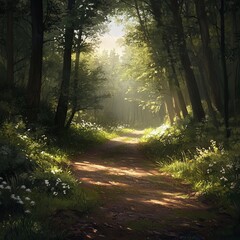 Poster - Sunbeams illuminate a dirt path winding through a lush forest, dappling the ground with light.