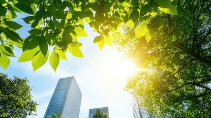 A vibrant view of skyscrapers through lush green leaves, basking under the warm sunlight of a clear sky, symbolizing urban nature.