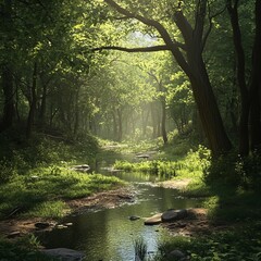 Sticker - Sunbeams illuminate a tranquil stream winding through a lush green forest.