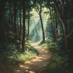 Canvas Print - Sunbeams illuminate a winding path through a lush green forest.