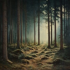 Poster - Sunlight filtering through a dense forest, illuminating a path leading into the trees.