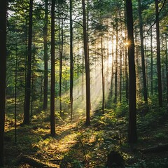 Poster - Sunlight shining through the trees in a dense forest.