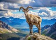 © Sirinporn - Majestic Big Horn Mountain Goat With Massive Curled Horns Stands Proudly On A Rocky Ridge Overlooking A Vast Landscape.