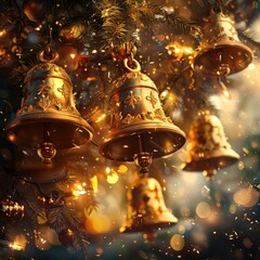 Wall Mural - Beautiful golden Christmas bells hanging on a tree, adorned with festive lights creating a magical holiday ambiance.