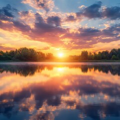 Wall Mural - Sunset over a tranquil lake with a stunning reflection of the sky.