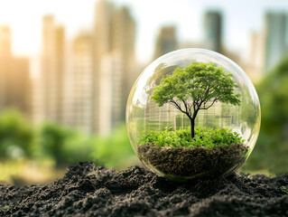 A small tree enclosed in a glass sphere, symbolizing environmental preservation, with a blurred cityscape in the background illustrating the contrast between nature and urbanization.