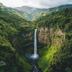 Poster - Tall waterfall cascading down a lush green cliff.