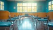© Godam - Empty classroom with wooden chairs and large windows