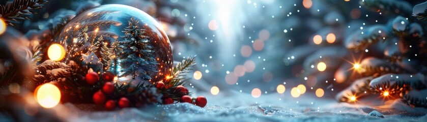 Festive Christmas ornament in snowy scene with glowing lights, capturing holiday warmth and magic.