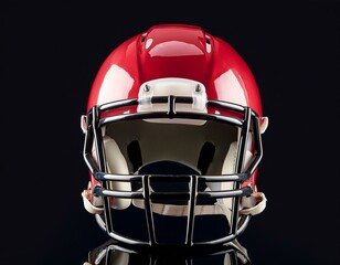 A red football helmet with a black face mask, isolated on a black background.