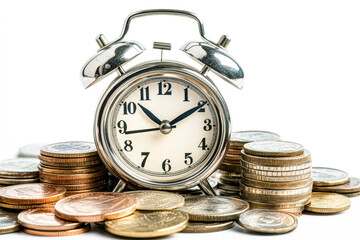 Poster - A clock sits on top of a pile of coins