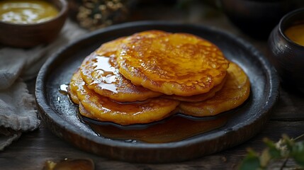 Wall Mural - there are pancakes on a plate with syrup and honey on the side