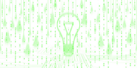 Poster - Green binary code forming a lightbulb on a white background, symbolizing technology and innovation in a digital concept. 3D Rendering