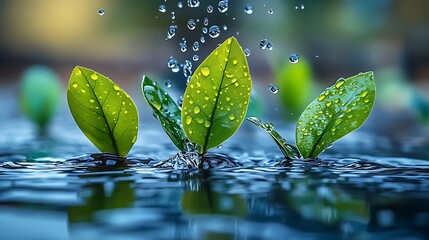 Wall Mural - there are two green leaves sprouting out of the water