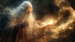© Edi Purnomo - A powerful wizard holding a glowing orb in his hand with a cosmic background.