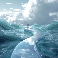 Poster - there is a man standing on a long curved path in the middle of the ocean