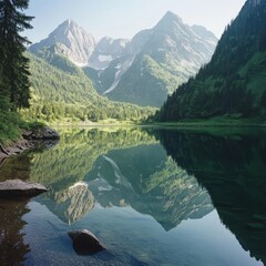 Sticker - Tranquil mountain lake reflecting the majestic peaks.