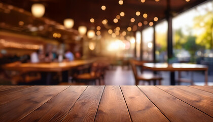 Empty wooden table for product placement or montage with focus to the table top, blurred bokeh background .
