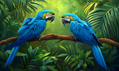 Two blue and yellow macaws perched on a branch in a lush rainforest.