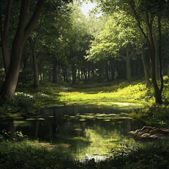 Poster - Tranquil pond in a lush green forest with sunlight filtering through the trees.