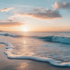 Wall Mural - Tranquil sunset over a calm ocean with gentle waves lapping on the sandy shore.