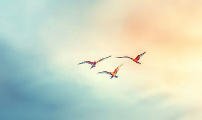 Trio of flying flamingos against a soft sunset sky