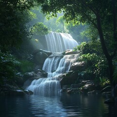 Sticker - Tranquil waterfall cascading over mossy rocks into a serene pool, surrounded by lush greenery.