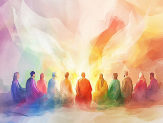 The Pentecost, soft flames of the Holy Spirit above the disciples, divine light illuminating the room, peaceful and serene atmosphere, minimalist background, watercolor painting style