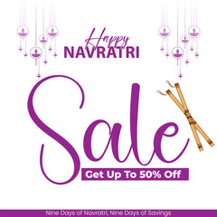 Wall Mural - Headline Happy Navratri Sale in a stylized purple font Subheadline Get Up To 50 percentage Off  tagline is  below  hanging diyas the top and bottom  two  Indian incense sticks on the right side