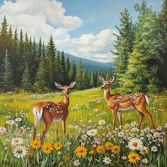 Canvas Print - Two deer standing in a field of wildflowers with a forest in the background.