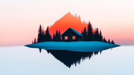 A lone cabin nestled in a snowy winter scene close up, copy space, bright winter hues, Double exposure silhouette with pine trees