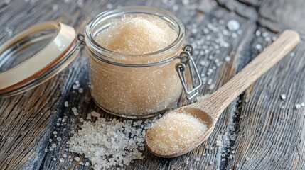 A rustic scene with a jar of golden raw cane sugar, wooden spoon, and scattered sugar crystals, highlighting its natural origins