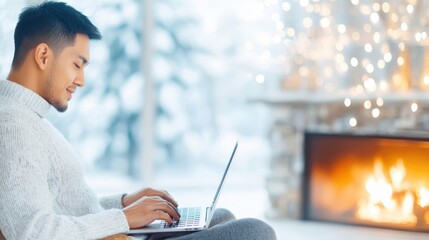 A man working on his laptop in a cozy cabin with snow-covered trees outside the window. Winter remote work concept.