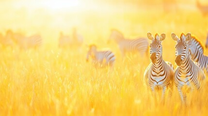 Zebra standing in a golden sunlit field, backlit by the warm glow of sunset. Wildlife and safari concept.