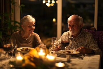 elderly couple having romantic dinner at cozy restaurant or at home, senior lifestyle, retirement