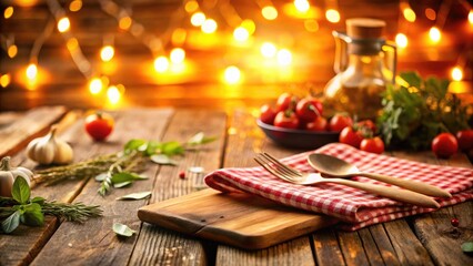 Rustic wooden tablecloth with soft focus, warm lighting, and shallow depth of field, perfect for highlighting mouthwatering dishes, ingredients, or cooking utensils.