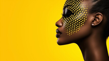 Wall Mural - A woman with yellow face paint and black hair. The yellow background is bright and cheerful. The woman's face is the main focus of the image