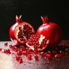 Poster - Two red pomegranates, one open, with seeds scattered around.