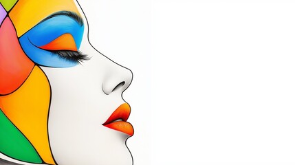 Poster - A colorful face with a white background. The face is painted with bright colors and has a bold, artistic look