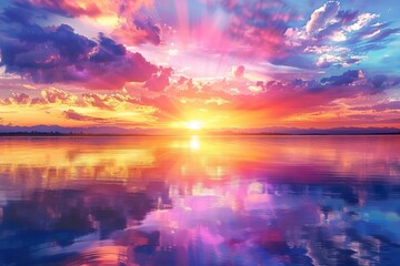 Canvas Print - Beautiful sunset over tranquil lake, colorful reflections on water, summer paradise mockup